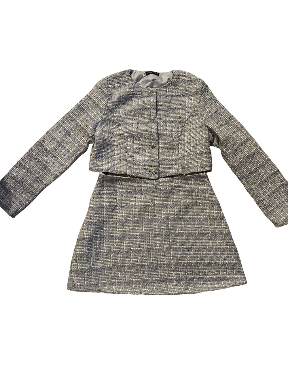 Two-Piece Tweed Skirt Set in Lavender and White